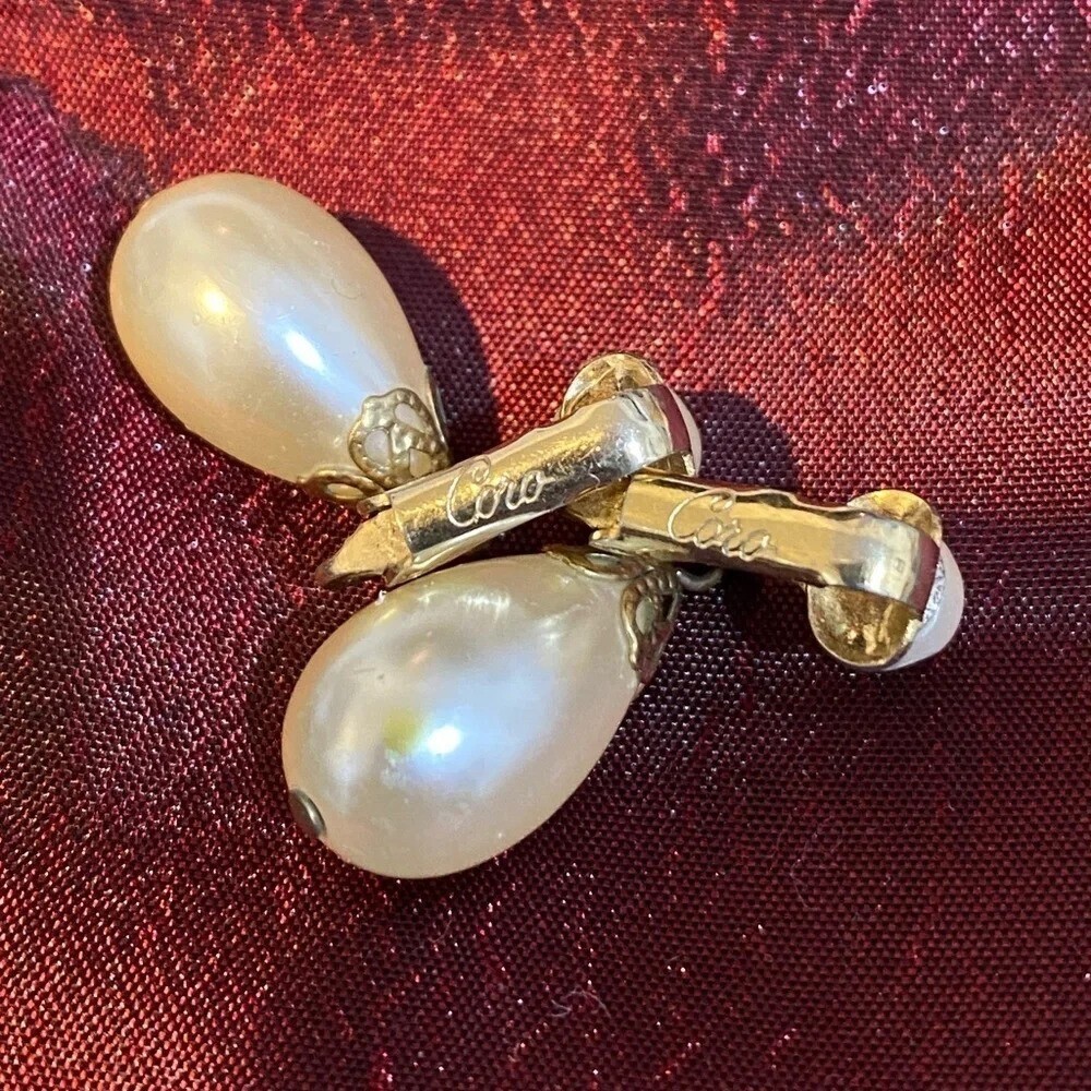 Vintage Coro Script Faux Pearl Clip Back Earrings